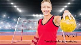  Presentation with handball - Colorful theme enhanced with elbow pad holding handball backdrop and a  colored foreground