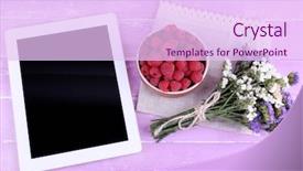  Presentation with table napkin folding - Colorful slides enhanced with elctronics - tablet bowl of raspberries backdrop and a pink colored foreground