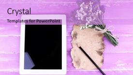  Presentation with lilac flowers bunch over wood - Cool new presentation theme with elctronics - tablet bunch of flowers backdrop and a lavender colored foreground