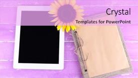  Presentation with old wooden table food - Theme featuring elctronics - tablet notebook and sunflower background and a lavender colored foreground