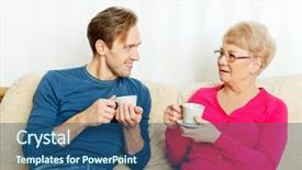  Presentation with tea coffee - Audience pleasing slides consisting of elder law - mother and son sitting backdrop and a ocean colored foreground