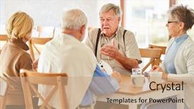  Presentation with playing cards - PPT layouts with eldercare - group of seniors as friends background and a coral colored foreground