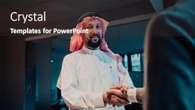  Presentation with shaking hands - Slide deck consisting of elderly-arab-man-shaking-hands background and a dark gray colored foreground
