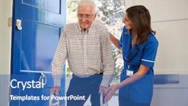  Presentation with asian nurse helps a man - Colorful theme enhanced with elderly asian - nurse helps senior man using backdrop and a ocean colored foreground