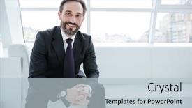  Presentation with win win in business - Slides consisting of elderly bearded business man sitting on sofa near the window in office and looking at camera background and a light blue colored foreground