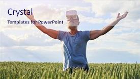  Presentation with good posture - PPT layouts enhanced with elderly bearded male rising hands background and a sky blue colored foreground