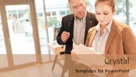  Presentation with business report - Presentation design having elderly-business-man-as-manager background and a coral colored foreground