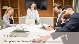  Presentation with conference table - PPT layouts enhanced with elderly-business-woman-as-boss background and a lemonade colored foreground