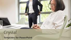  Presentation with sms - Slides enhanced with elderly-business-woman background and a mint green colored foreground