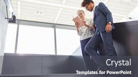  Presentation with research - Colorful presentation design enhanced with elderly-businesswoman-and-young-trainee backdrop and a dark gray colored foreground