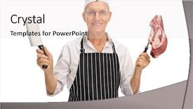  Presentation with raw meat - PPT layouts consisting of futcher - elderly butcher holding a piece background and a sky blue colored foreground