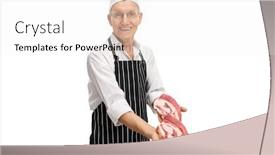  Presentation with butcher - PPT theme featuring elderly butcher offering beef steaks isolated on white background background and a white colored foreground