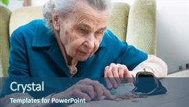  Presentation with elderly depression - Colorful theme enhanced with elderly caucasian woman counting money backdrop and a ocean colored foreground
