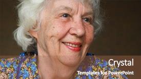  Presentation with elderly - PPT theme featuring elderly cheerful happy woman face background and a tawny brown colored foreground