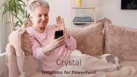  Presentation with older woman - Slides with elderly-cheerful-woman-holding-smartphone background and a coral colored foreground