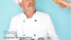  Presentation with cook chef - Beautiful slides featuring elderly chef in white cook uniform using rolling pin and getting hit backdrop and a cool aqua colored foreground