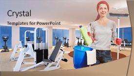  Presentation with asian fitness elderly - Slide deck having elderly cleaning lady with cleaning background and a soft green colored foreground