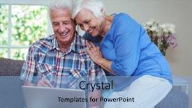  Presentation with senior couple - Presentation theme having elderly computer - happy senior couple using laptop background and a  colored foreground