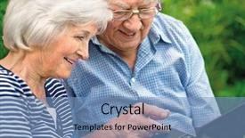  Presentation with senior couple - Presentation design consisting of flag badges of russia and ukraine in pile - concept image for russian and ukrainian relations background and a tawny brown colored foreground