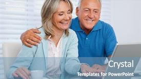  Presentation with tea - Beautiful slides featuring elderly computer - mature woman having tea backdrop and a teal colored foreground