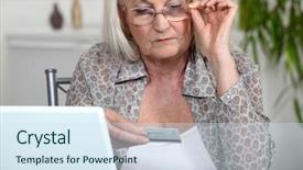  Presentation with older woman - PPT theme consisting of elderly computer - older woman using her credit background and a  colored foreground