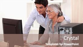  Presentation with older woman - Beautiful slides featuring elderly computer - portrait of a young man backdrop and a coral colored foreground
