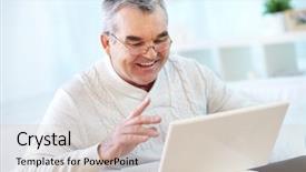  Presentation with old wite man and his music - PPT layouts consisting of elderly computer - portrait of mature man working background and a soft green colored foreground