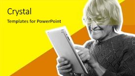  Presentation with ipad - Presentation consisting of elderly computer - senior happy woman using ipad background and a white colored foreground