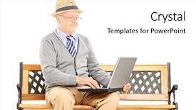  Presentation with laptop computers around the world backgroun - Audience pleasing presentation consisting of elderly computer - senior man sitting backdrop and a white colored foreground