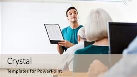  Presentation with compute - Slides featuring elderly computer - teacher giving lessons to senior background and a soft green colored foreground