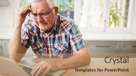  Presentation with elderly home - PPT layouts having elderly computer - worried senior man using laptop background and a coral colored foreground