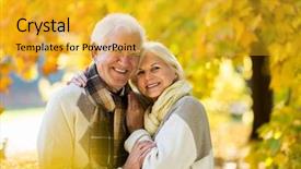  Presentation with cartoon elderly - Beautiful presentation featuring elderly couple embracing in autumn backdrop and a gold colored foreground