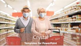  Presentation with face masks - PPT theme featuring elderly-couple-shopping background and a coral colored foreground