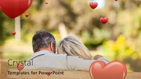  Presentation with elderly - Amazing PPT theme having elderly couple sitting on the bench with their back to the camera against hearts backdrop and a coral colored foreground