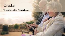  Presentation with old couple - Colorful presentation theme enhanced with elderly couple using a tablet backdrop and a lemonade colored foreground