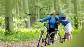  Presentation with bicycles - Cool new presentation theme with elderly couple with bicycles standing in the forest kissing active retirement backdrop and a yellow colored foreground