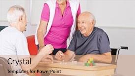  Presentation with elderly home - Slides enhanced with elderly dementia - happy senior people playing bingo background and a coral colored foreground