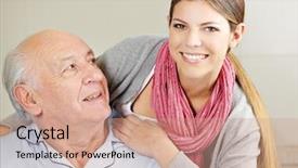  Presentation with senior citizen - PPT theme enhanced with elderly dementia - smiling extended care assistant background and a coral colored foreground