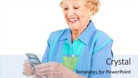  Presentation with woman - Audience pleasing PPT theme consisting of elderly denture - senior woman enjoys texting backdrop and a light blue colored foreground