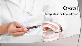  Presentation with dentist - Amazing slide set having elderly denture - young female dentist showing model backdrop and a white colored foreground