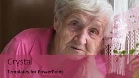  Presentation with depressed - Beautiful PPT theme featuring elderly-depressed-woman-sitting backdrop and a violet colored foreground