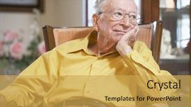  Presentation with man relaxing on massage table - Theme consisting of elderly depression - senior man relaxing in armchair background and a yellow colored foreground