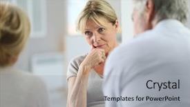  Presentation with elderly depression - Audience pleasing PPT theme consisting of elderly depression - senior woman attending group therapy backdrop and a light gray colored foreground