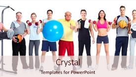  Presentation with healthy people - Amazing PPT theme having elderly exercise - group of healthy fitness people backdrop and a  colored foreground