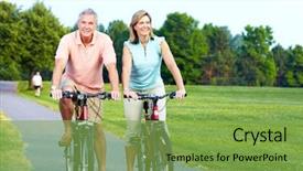  Presentation with senior couple - Beautiful presentation theme featuring elderly exercise - happy senior couple cycling backdrop and a seafoam green colored foreground