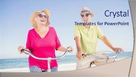  Presentation with man riding big bike motor - Cool new slide set with elderly exercise - senior couple going backdrop and a light blue colored foreground