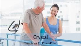  Presentation with walking exercise - Colorful presentation theme enhanced with elderly exercise - senior man walking with trainer backdrop and a light blue colored foreground