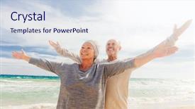  Presentation with senior couple - PPT theme featuring elderly falls - happy senior couple with outstretched background and a sky blue colored foreground