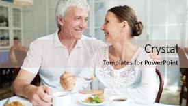  Presentation with coffee talk - Presentation design having mature affectionate couple sitting in cafe eating dessert with tea or coffee and having talk background and a coral colored foreground