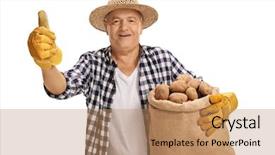  Presentation with elderly holding pills - Cool new PPT layouts with elderly farmer holding a burlap backdrop and a coral colored foreground